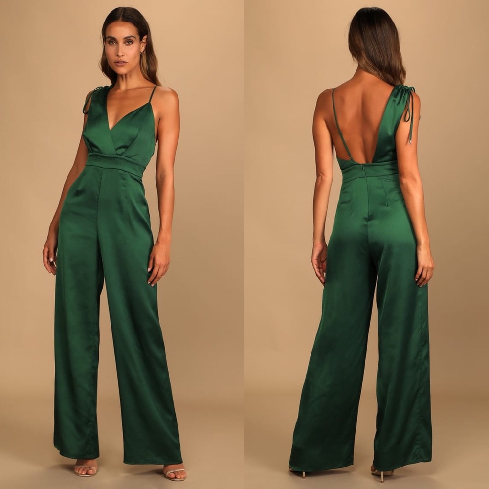 Lulus Look of Luxe Emerald Green Satin Asymmetrical Wide-Leg Jumpsuit | Small